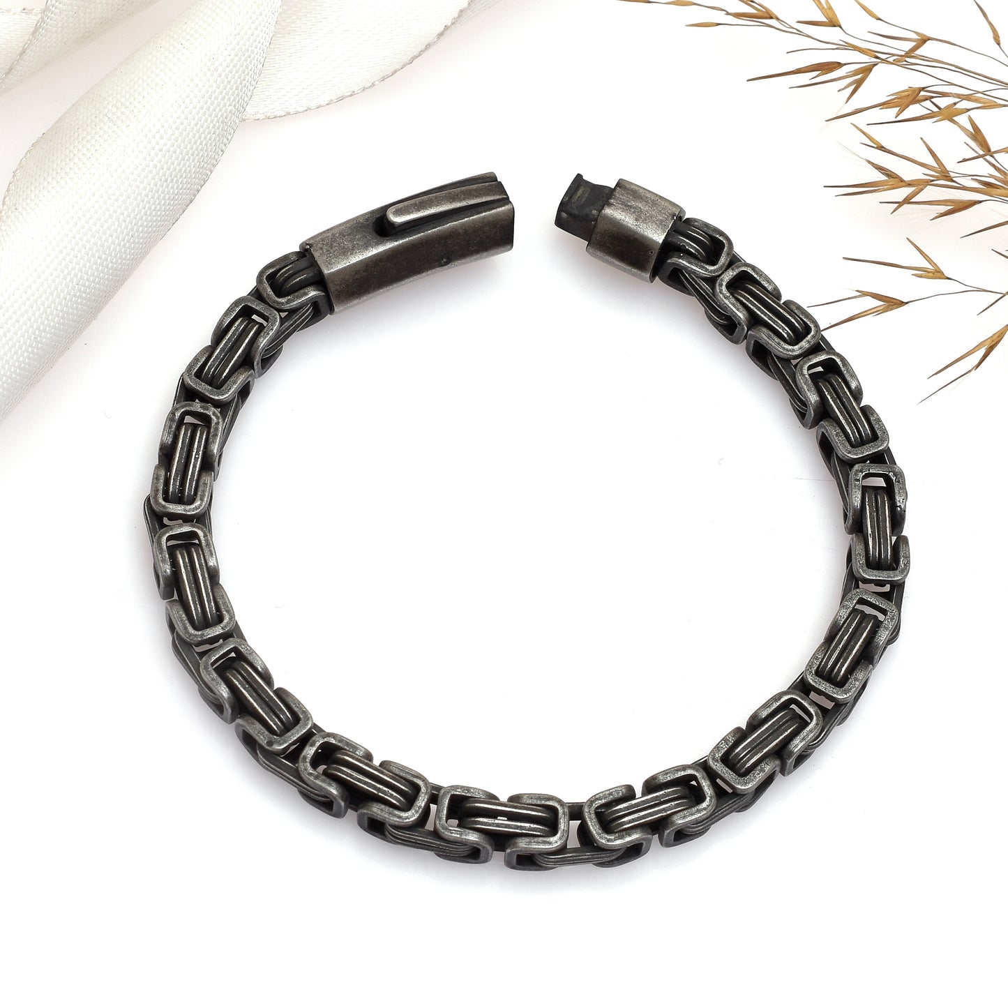 9 Inch Oxidized Geometric Link Bracelet, Stainless Steel Chain Bracelet, Vintage Industrial Style, Unisex Statement Jewelry