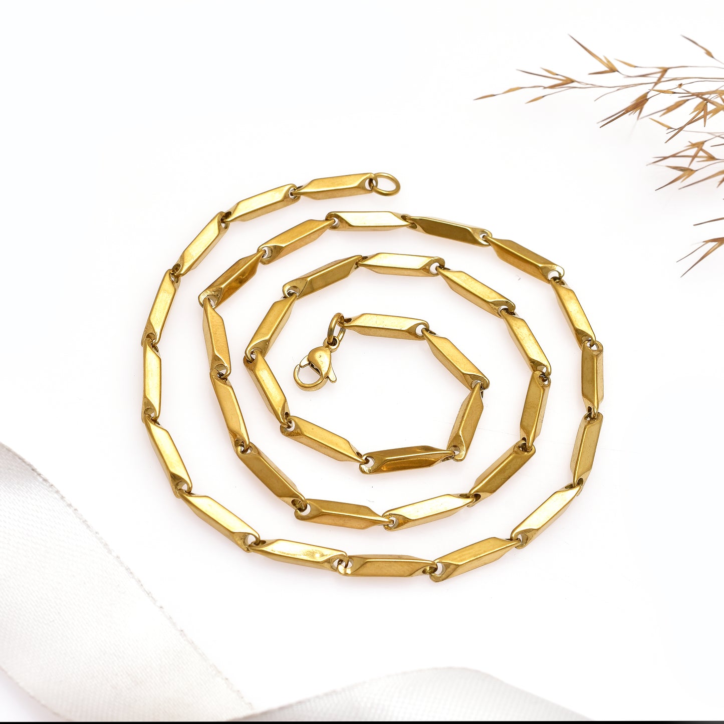 Flat Braided Chain Necklace for Men & Women - 2.5mm Thick Stainless Steel Chain - Gold Bamboo Chain - Unisex Chain Necklace - Gift for Her