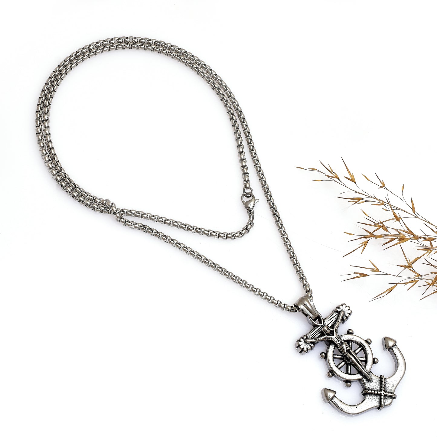 Stainless Steel Anchor Pendant Necklace, Men's Nautical Anchor Jesus Cross Necklace, Ship Wheel Compass, Unisex Pendant, Gift for Him & Her