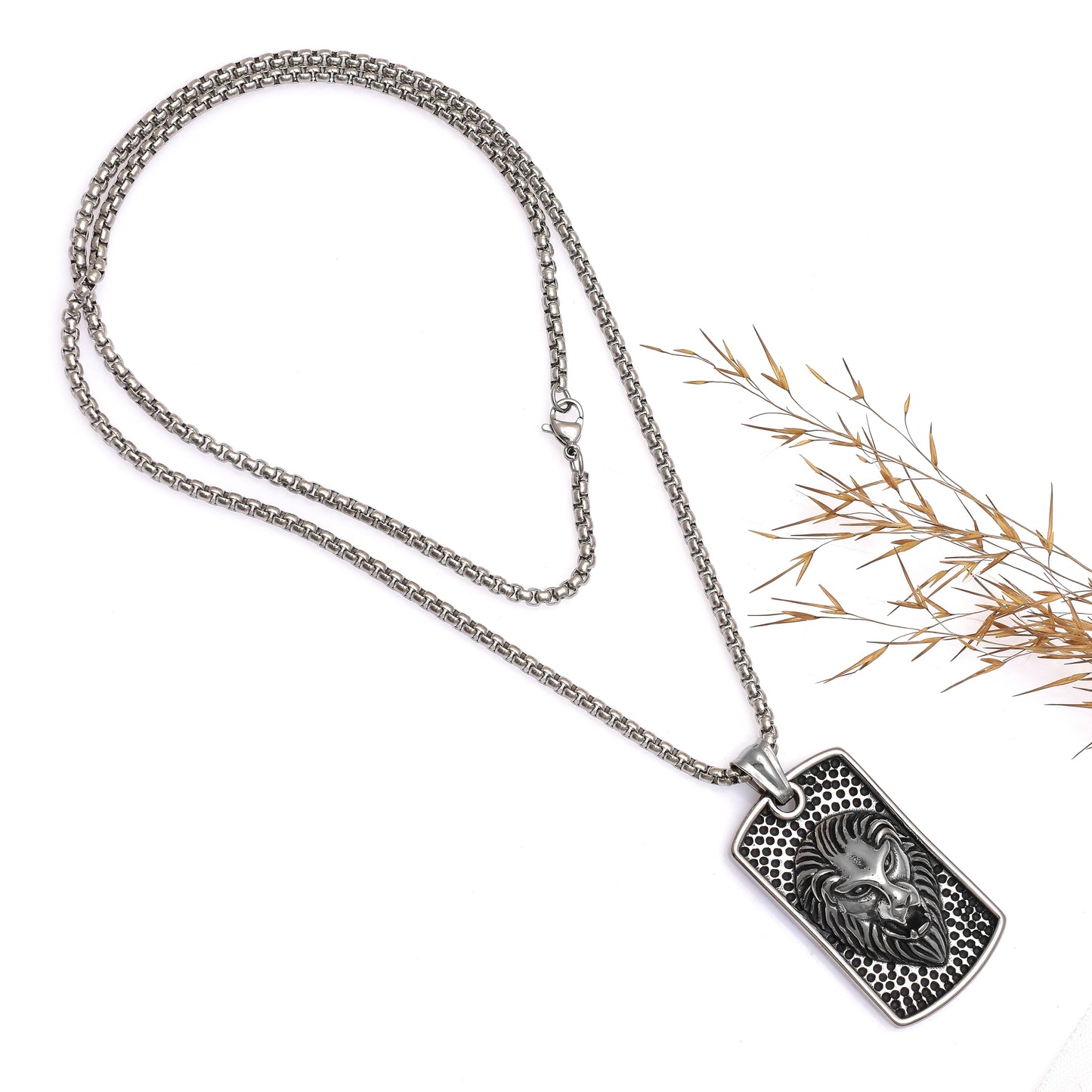 Men's Lion Head Dog Tag Pendant Necklace, Antique Silver Finished 3D Engraved Tiger Head Pendant, Gift for Animal Lovers