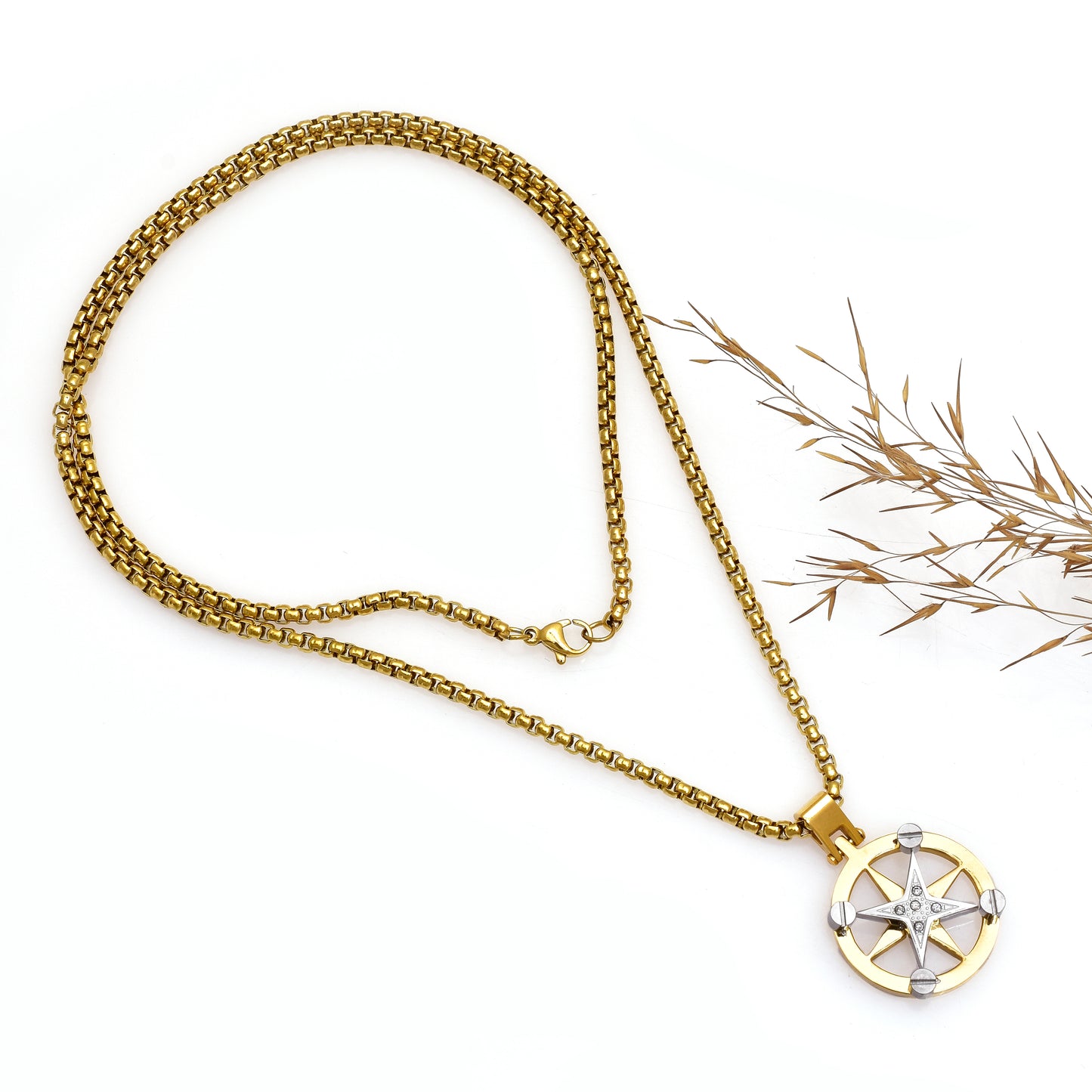 Star Wheel Pendant Necklace Gold Silver Tone, Compass Star Charm, Minimalist Geometric Jewelry, Men’s Statement Necklace