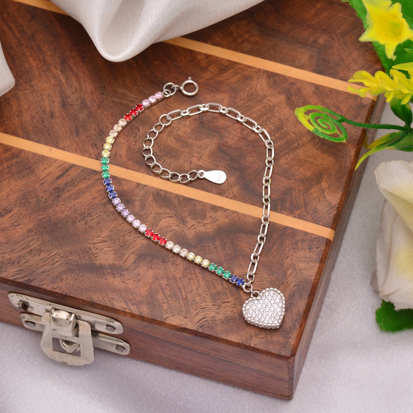 925 Sterling Silver Heart Charm Tennis Chain Bracelets Women
