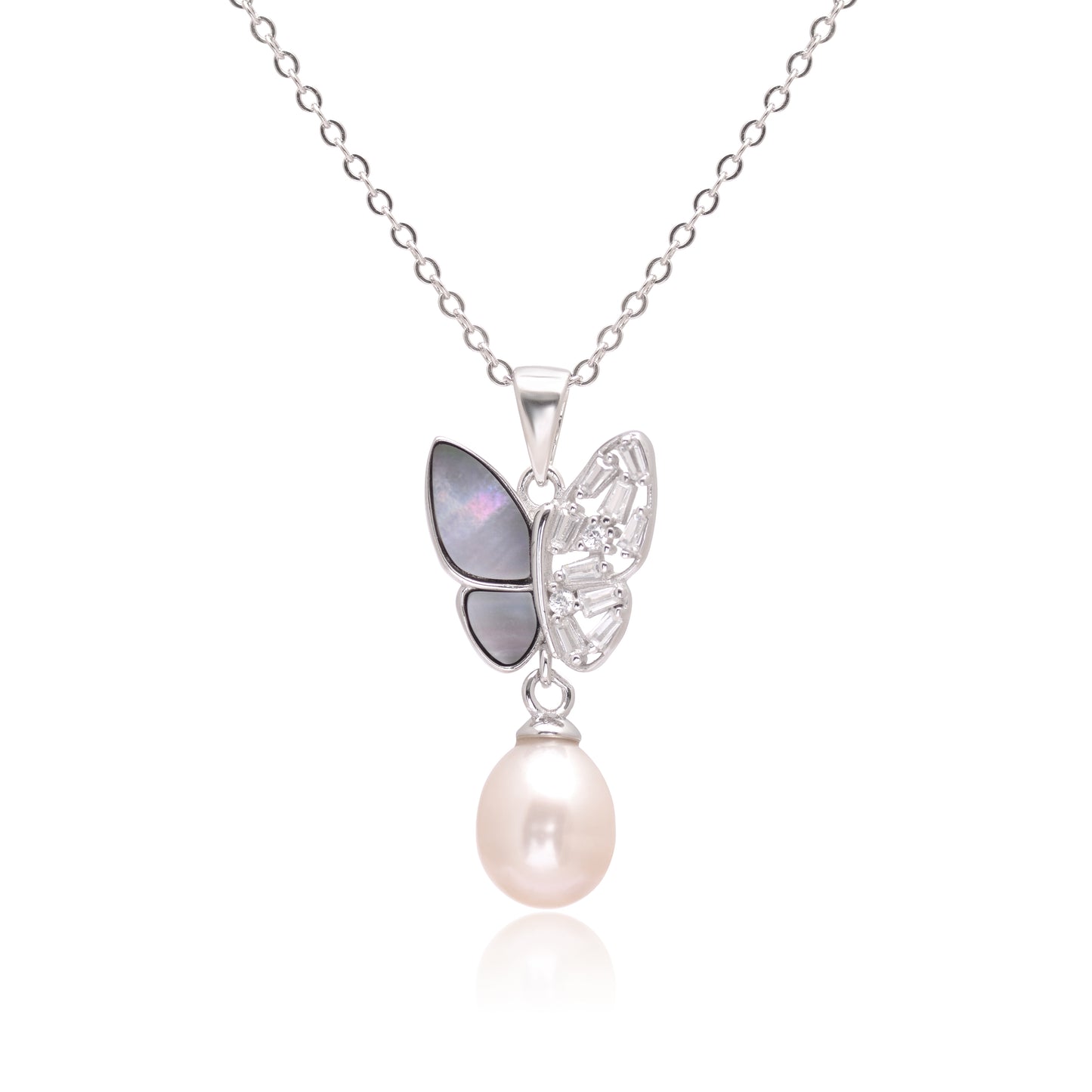 925 Sterling Silver Half Crystal Butterfly Pendant With Pearl Pendant Necklace