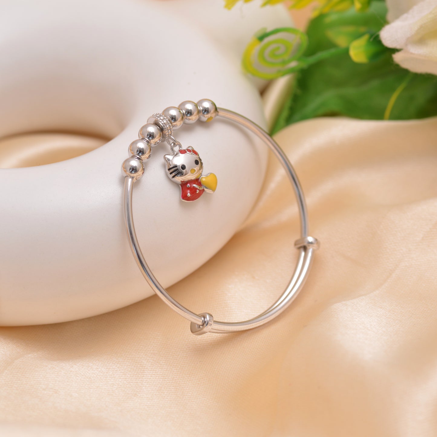 925 Sterling Silver Kitty Charm Expandable Kids Bracelet