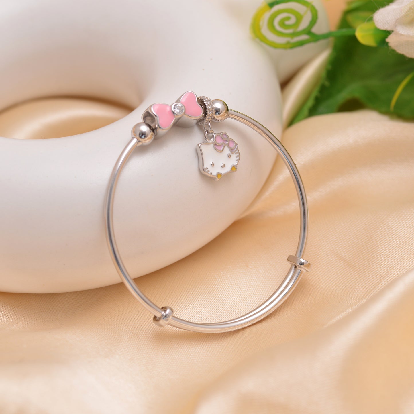 925 Sterling Silver Kitty Bangle Bracelet For Kids