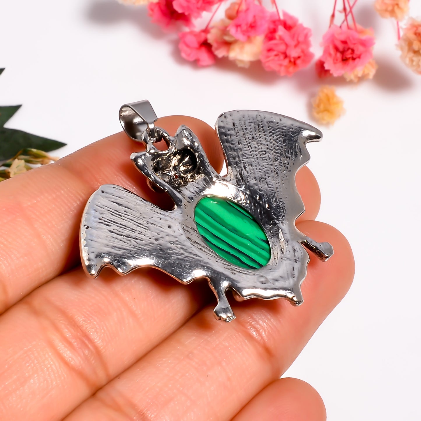 Malachite Bat Pendant | Bat Necklace | Green Crystal Jewelry | Halloween Jewelry | Natural Stone Pendant | Witchy Jewelry | Halloween Gift