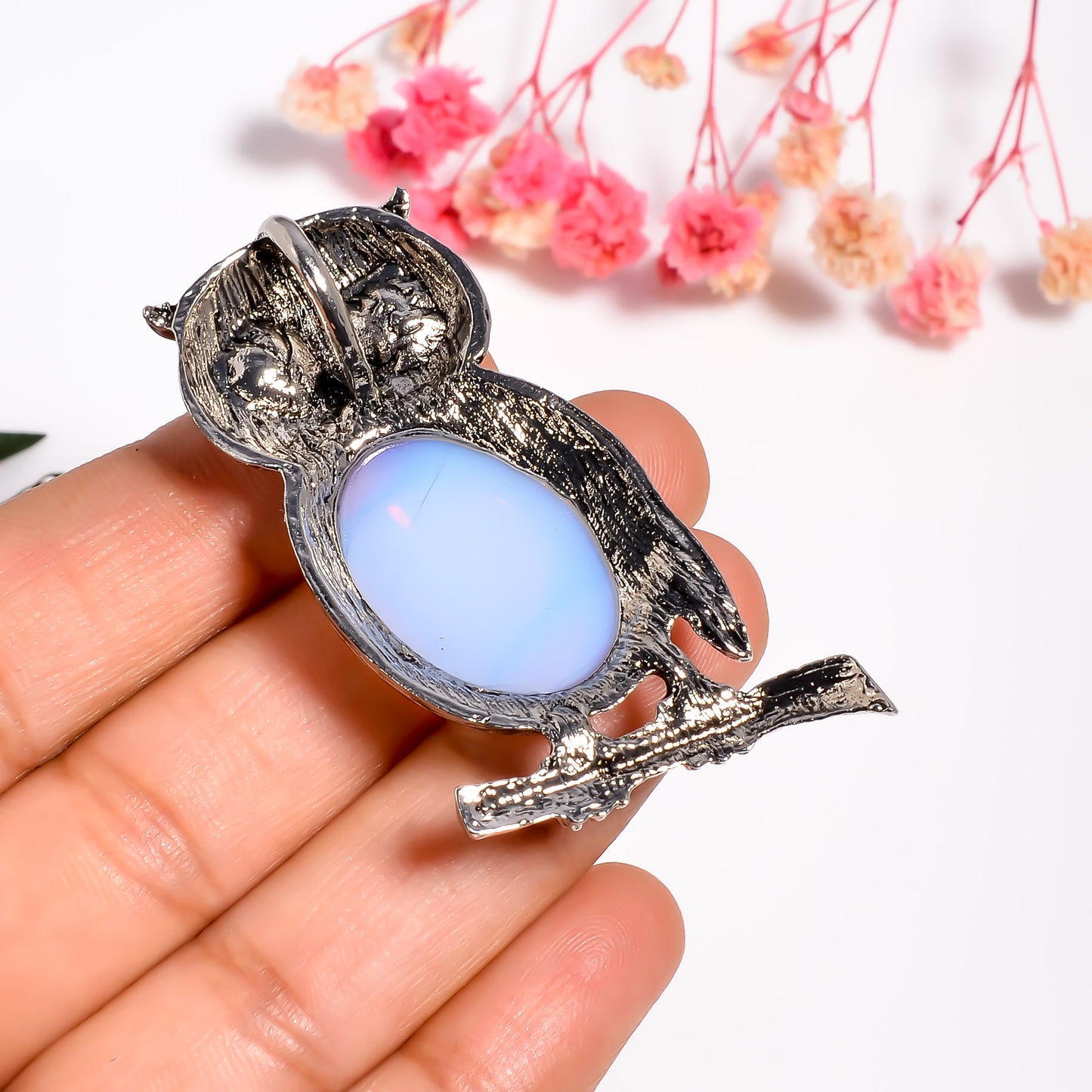 Owl Pendant, Opalite Pendant, 925 Silver Handmade Owl Opalite Necklace, Owl Necklace, Gift for her