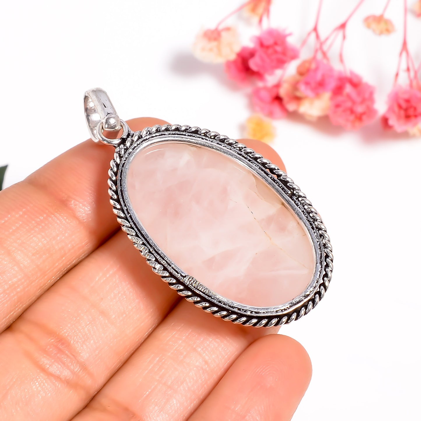 Natural Rose Quartz Gemstone Jewelry, 925 Silver Handmade Pendant for Women, Vintage Theme Bohemian Jewelry, Love Pendant for Her