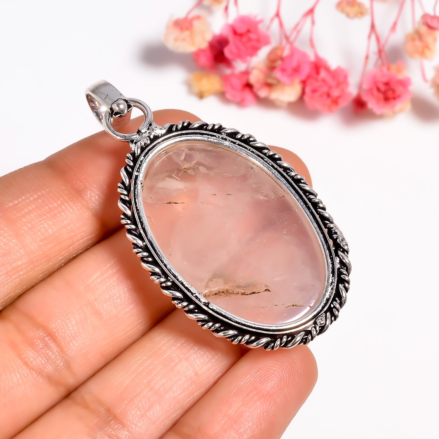 Rose Quartz Pendant | Heart Chakra Crystal Necklace | Pink Gemstone Jewelry in Silver | Stone of Love | Healing Pendant | Gift for Her