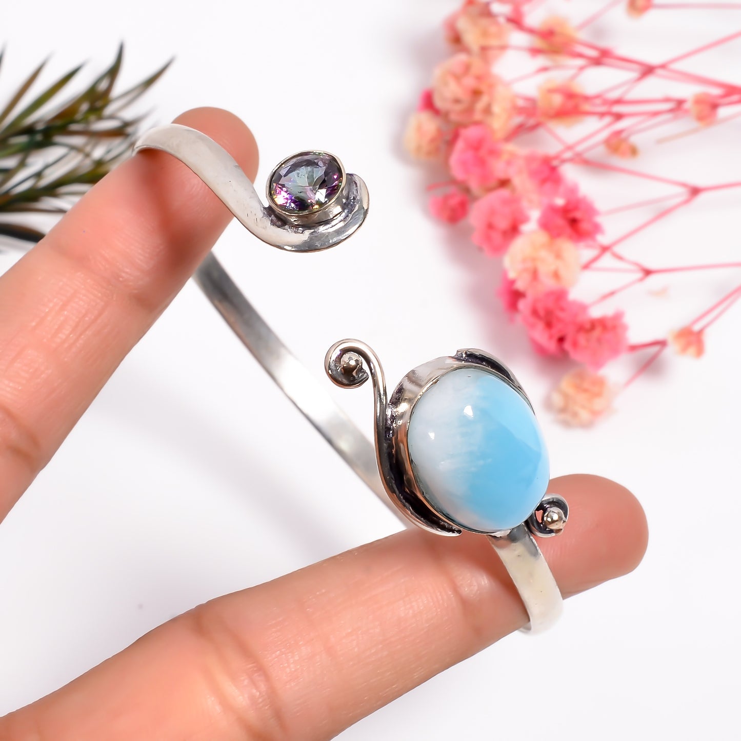 Larimar Dainty Silver Bracelet, Larimar Healing Benefits Bracelet, Mystic Topaz Bracelet, Adjustable Gemstone Bangle, Handmade Boho Jewelry