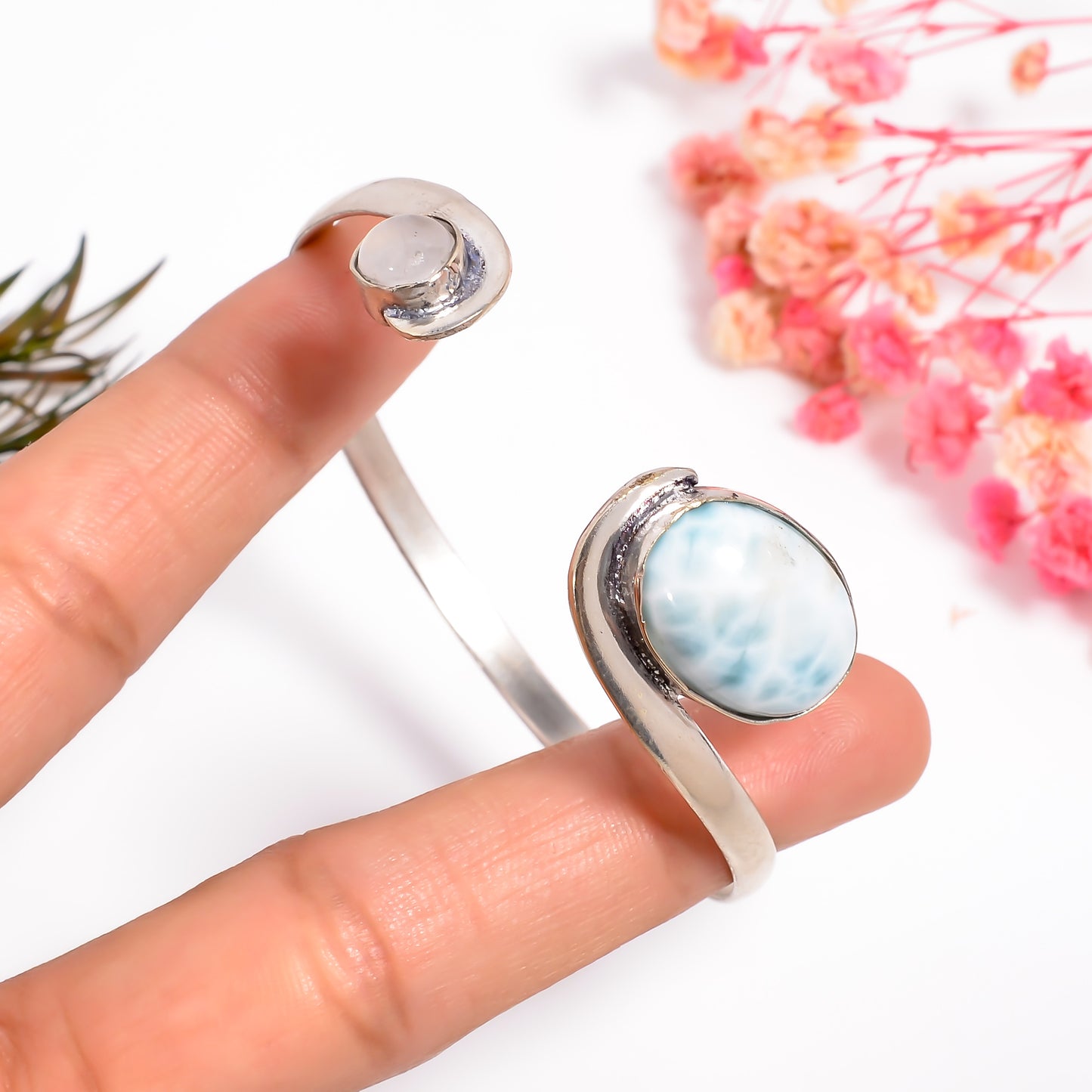 Adjustable Larimar Bangle, 925 Sterling Silver Open Cuff Bracelet, Moonstone Bangle, Handmade Silver Bangle for Women, Gift for Her