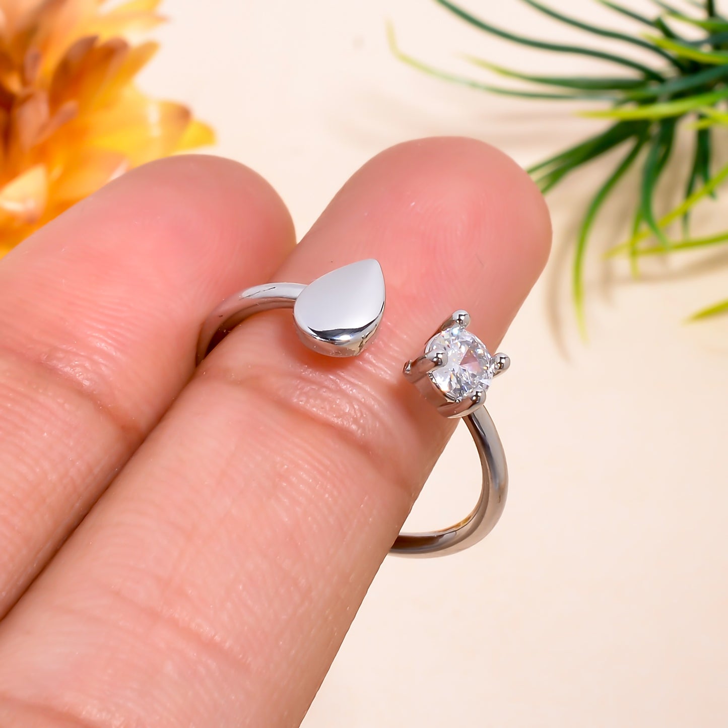 Teardrop & Solitaire Open Adjustable Ring for Women, Minimalist Silver Tone Ring, Dainty Everyday Jewelry Gift, Adjustable Promise Ring