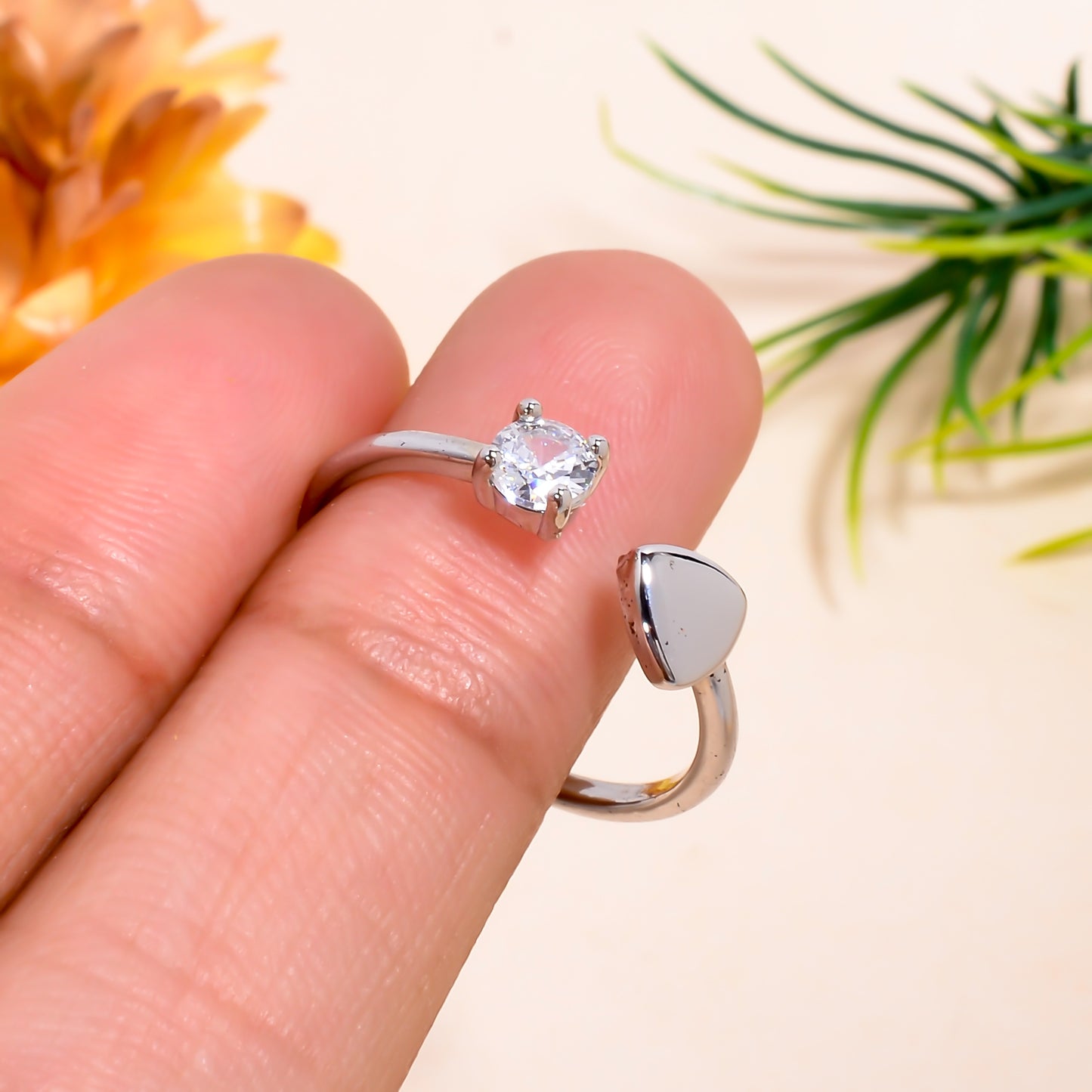 Heart & Solitaire Open Adjustable Ring for Women, Dainty Silver Tone Ring, Minimalist Love Promise Ring, Adjustable Everyday Jewelry Gift