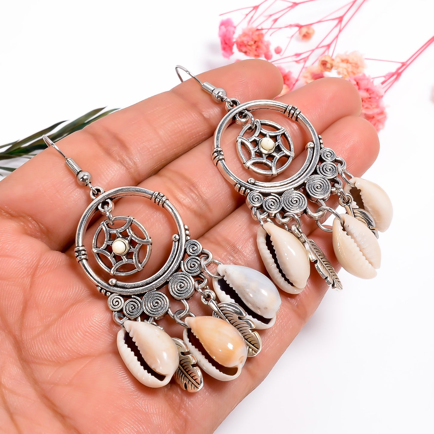 Handmade Crochet Shell Drop Earrings, Cowrie Shell Earrings, Sea Shell Jewelry, Oxidized Earrings, Dreamcatcher Earrings, Tribal Jewelry