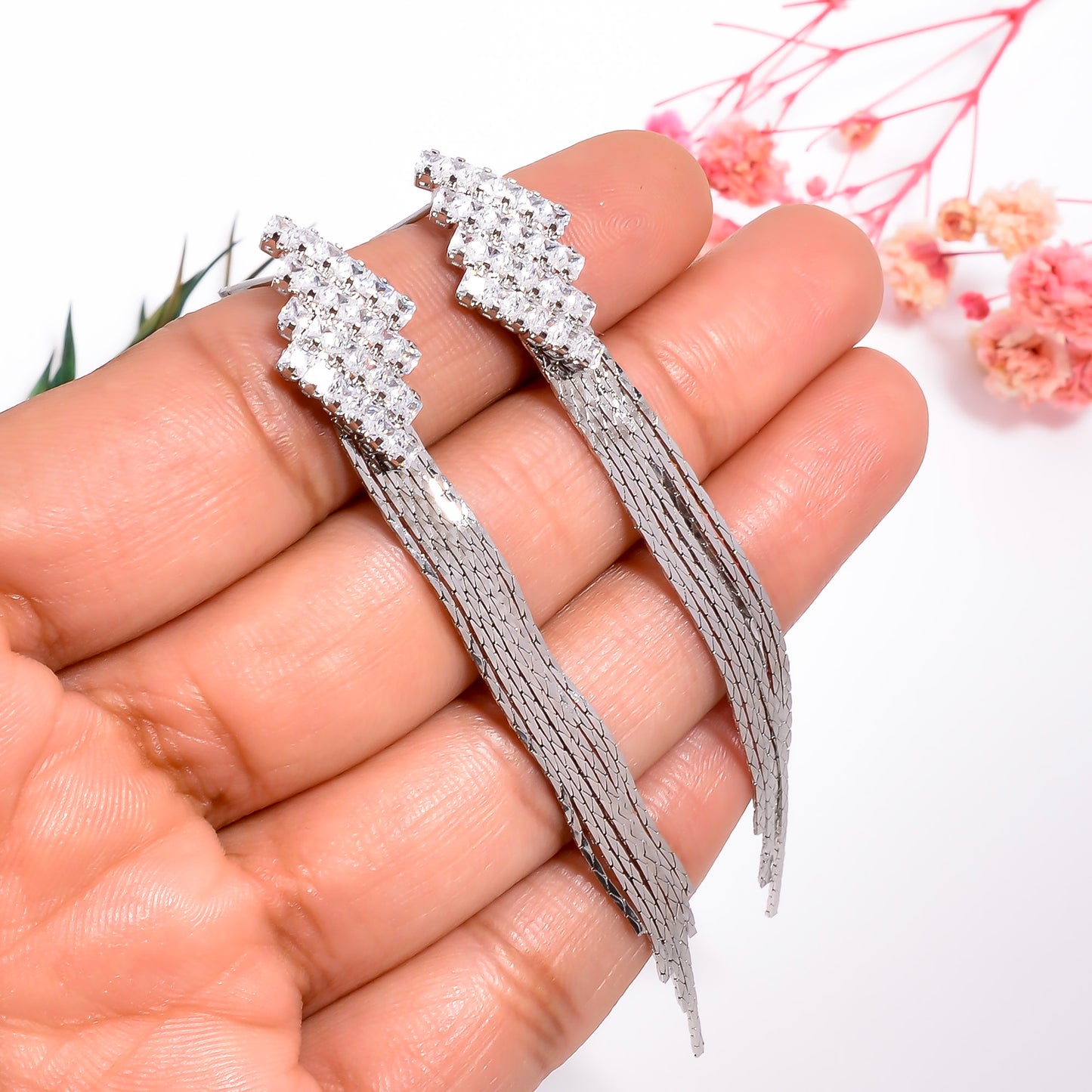 Cascading Chain Drops Earrings, Cubic Zirconia Stone Silver Earrings, Tassel Earrings for Women, Long Strand Earrings, Party wear jewelry