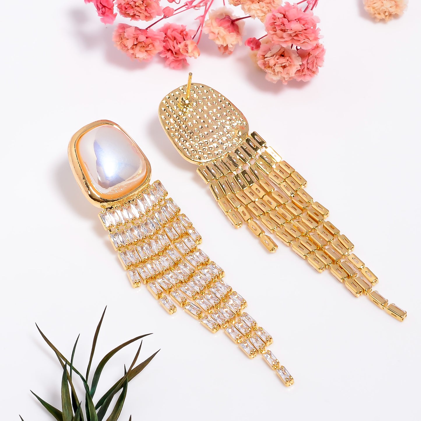 Gold Mother of Pearl Earrings, Statement Earrings, Luxury Bridal Dangle Earrings, Cubic Zirconia Wedding Jewelry, Gift for Her