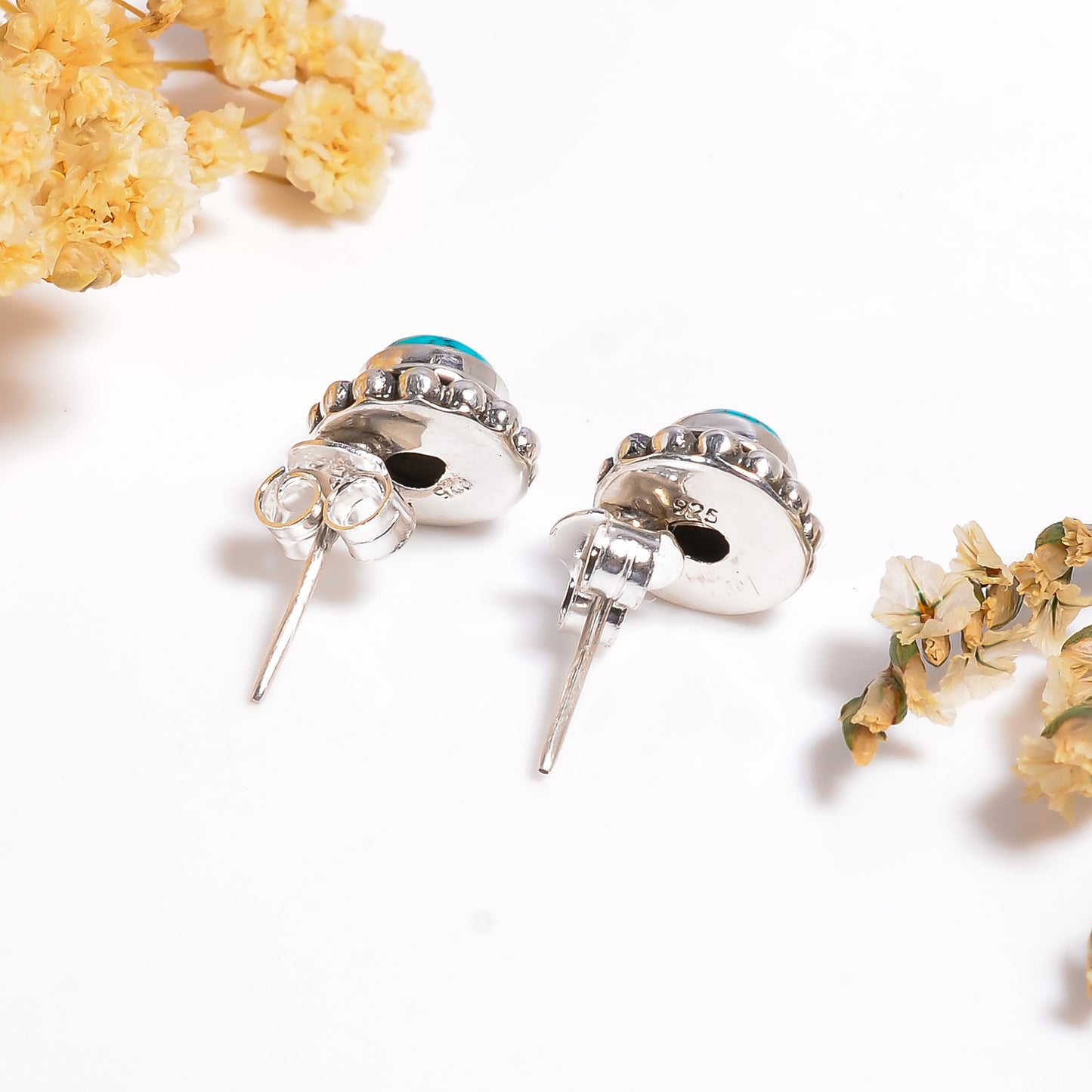 Tibetan Turquoise Gemstone Earrings, 925 Silver Cabochon Gemstone Jewelry, Sleeping beauty Turquoise Gemstone Earrings Gift for Her