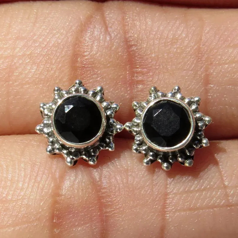 GOLD TROVE Handmade Black Onyx Tiny Silver Studs Jewelry, Onyx Studs, Studs For Gift, Gifts For Her or Him, Minimalist Black Onyx Studs