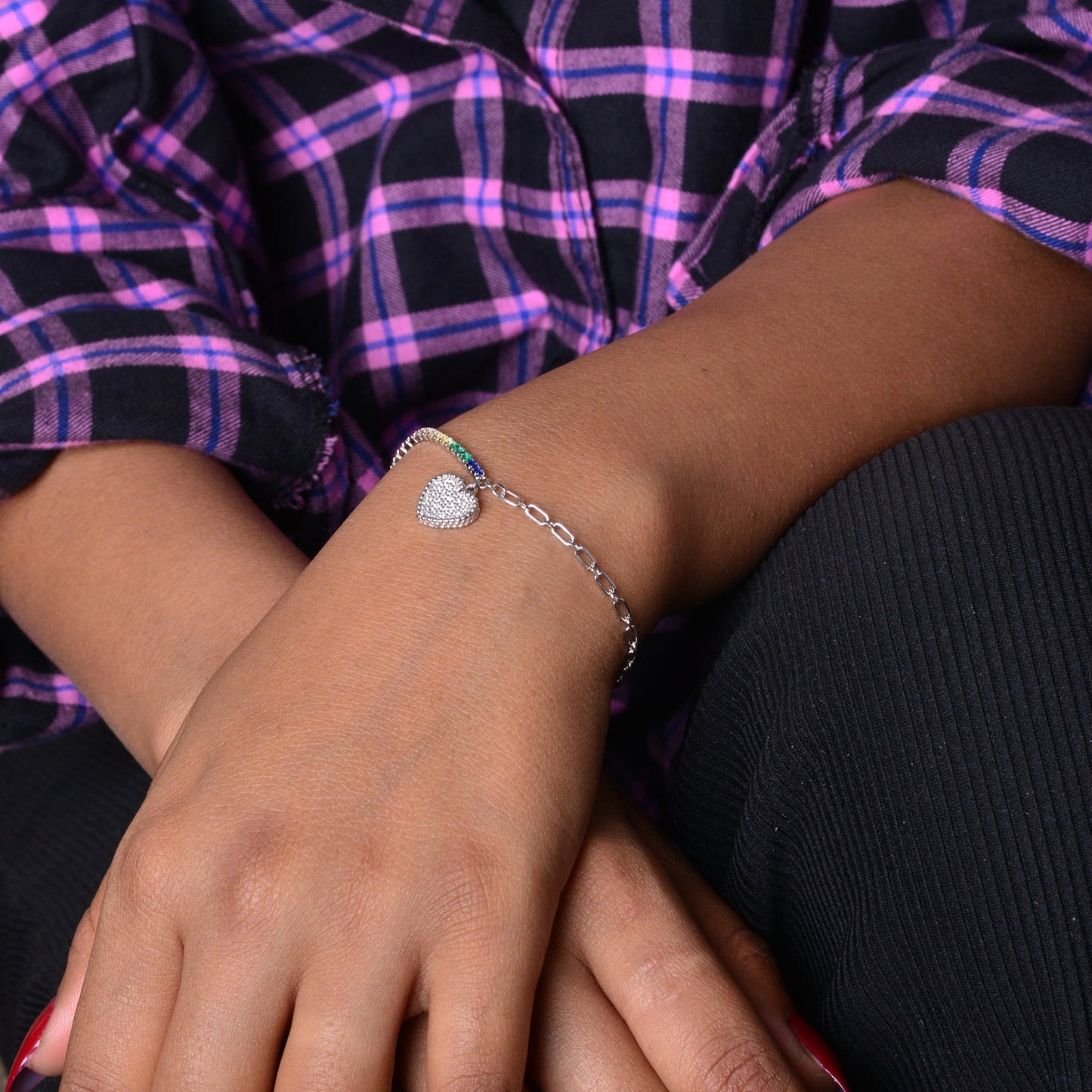 925 Sterling Silver Heart Charm Tennis Chain Bracelets Women