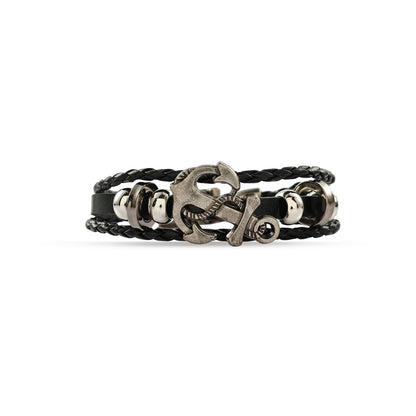 Men's Anchor Leather Bracelet, Nautical Anchor Wristband for Men, Black Braided Leather Bracelet, Stainless Steel Anchor Jewelry for Him