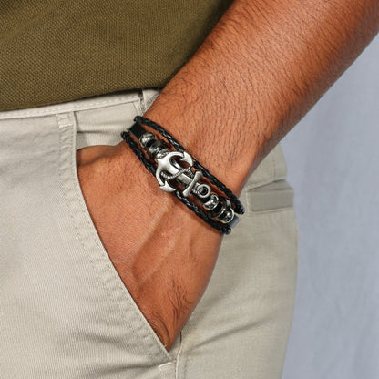 Men's Anchor Leather Bracelet, Nautical Anchor Wristband for Men, Black Braided Leather Bracelet, Stainless Steel Anchor Jewelry for Him