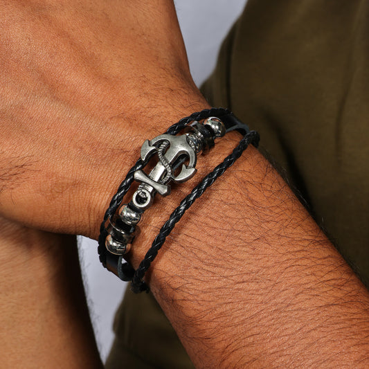 Men's Anchor Leather Bracelet, Nautical Anchor Wristband for Men, Black Braided Leather Bracelet, Stainless Steel Anchor Jewelry for Him