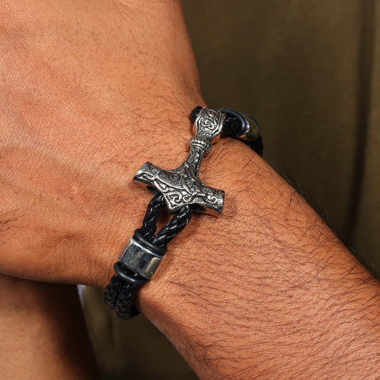 Viking Thor Hammer Bracelet for Men | Mjolnir Leather Bracelet | Norse Mythology Jewelry | Braided Leather Wristband | Gift for Him & Her