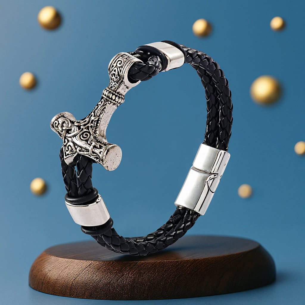 Viking Thor Hammer Bracelet for Men | Mjolnir Leather Bracelet | Norse Mythology Jewelry | Braided Leather Wristband | Gift for Him & Her