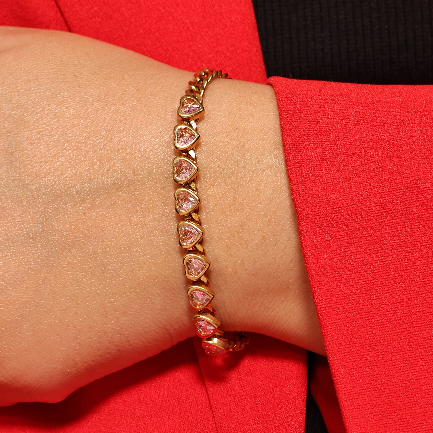 Heart Sparkle Charm Bracelet, Stainless Steel Cubic Zirconia Gold Plated Chain Bracelet, Adjustable Radiant Love Bracelet, Heart Bracelet