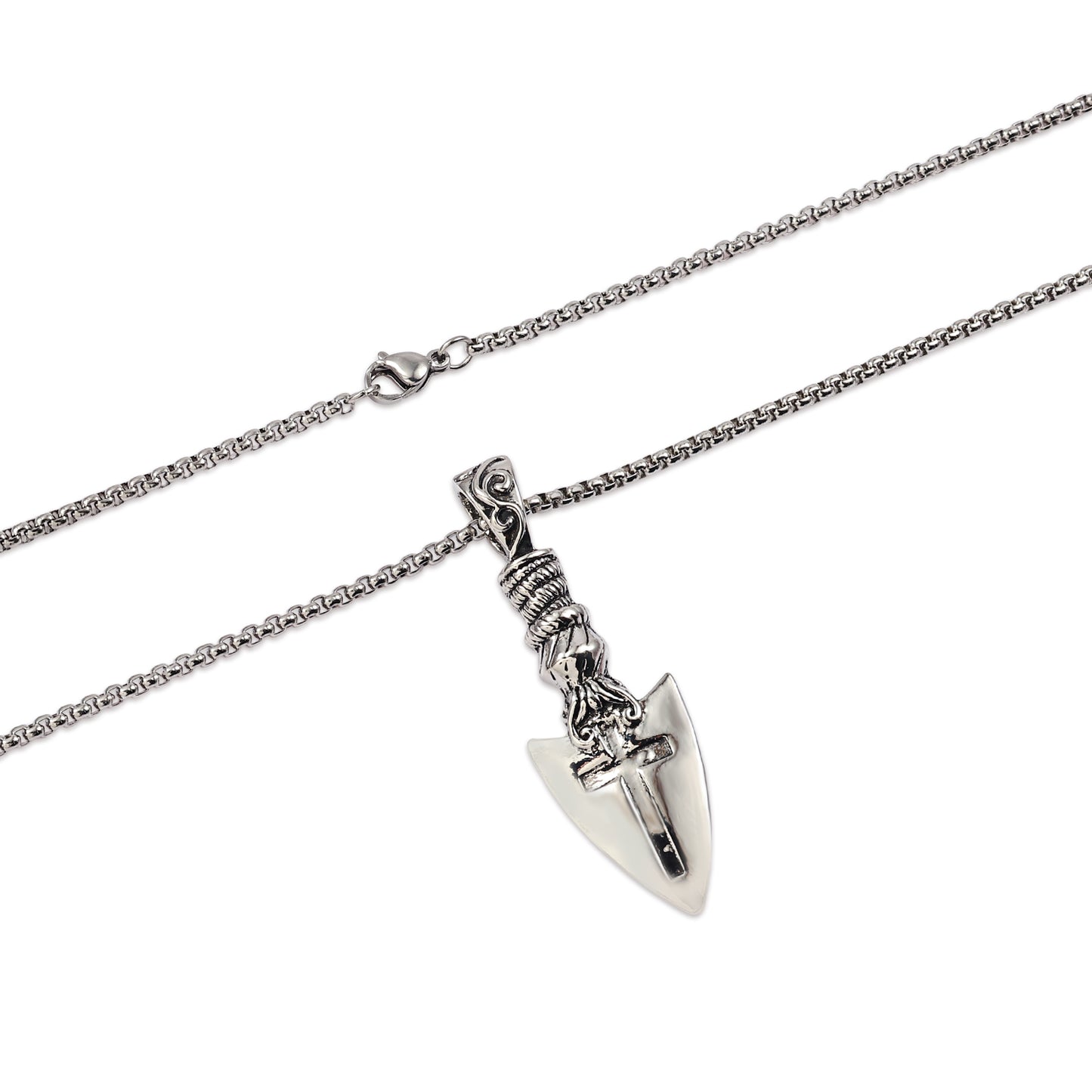 Ancient Silver Knight Spearhead Cross Pendant Necklace, Arrow Cross Arrowhead Pendant, Templar Shield Necklace, Gothic Arrow Cross Pendant