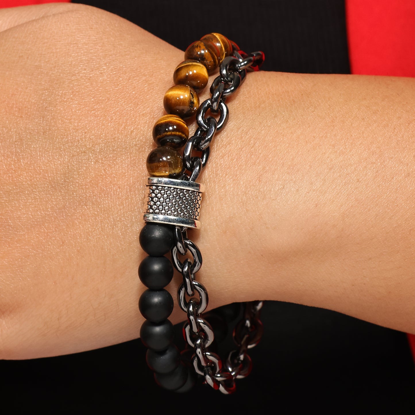 Mens Beaded Chainlink Bracelet, Tiger Eye Ball Bracelet, Men's Yoga Bracelet, Wealth Bracelet, Mala Barcelet, Protective Bracelet for Him