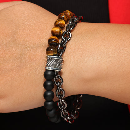 Mens Beaded Chainlink Bracelet, Tiger Eye Ball Bracelet, Men's Yoga Bracelet, Wealth Bracelet, Mala Barcelet, Protective Bracelet for Him