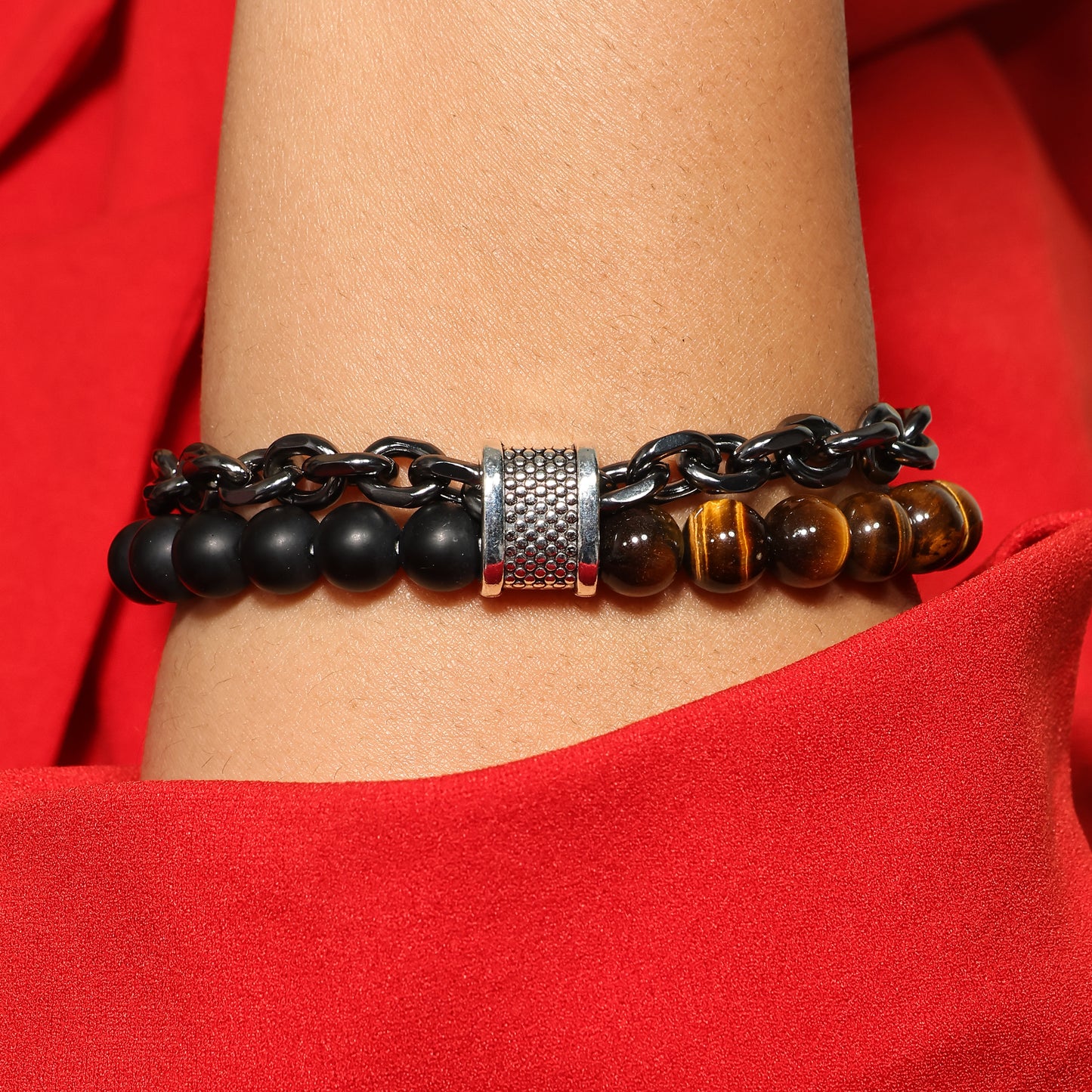 Mens Beaded Chainlink Bracelet, Tiger Eye Ball Bracelet, Men's Yoga Bracelet, Wealth Bracelet, Mala Barcelet, Protective Bracelet for Him