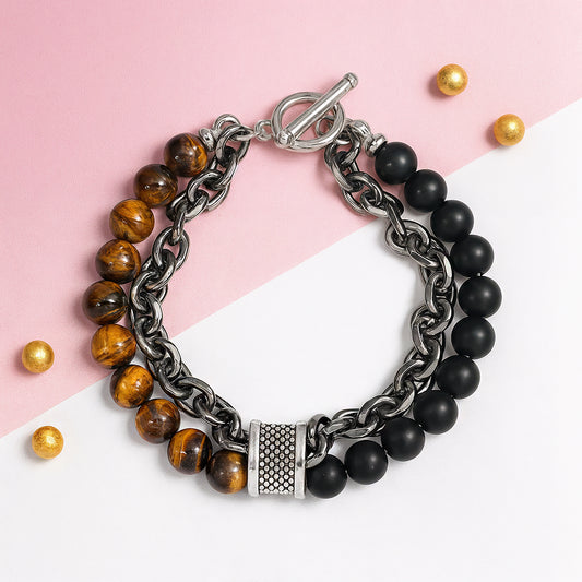 Mens Beaded Chainlink Bracelet, Tiger Eye Ball Bracelet, Men's Yoga Bracelet, Wealth Bracelet, Mala Barcelet, Protective Bracelet for Him