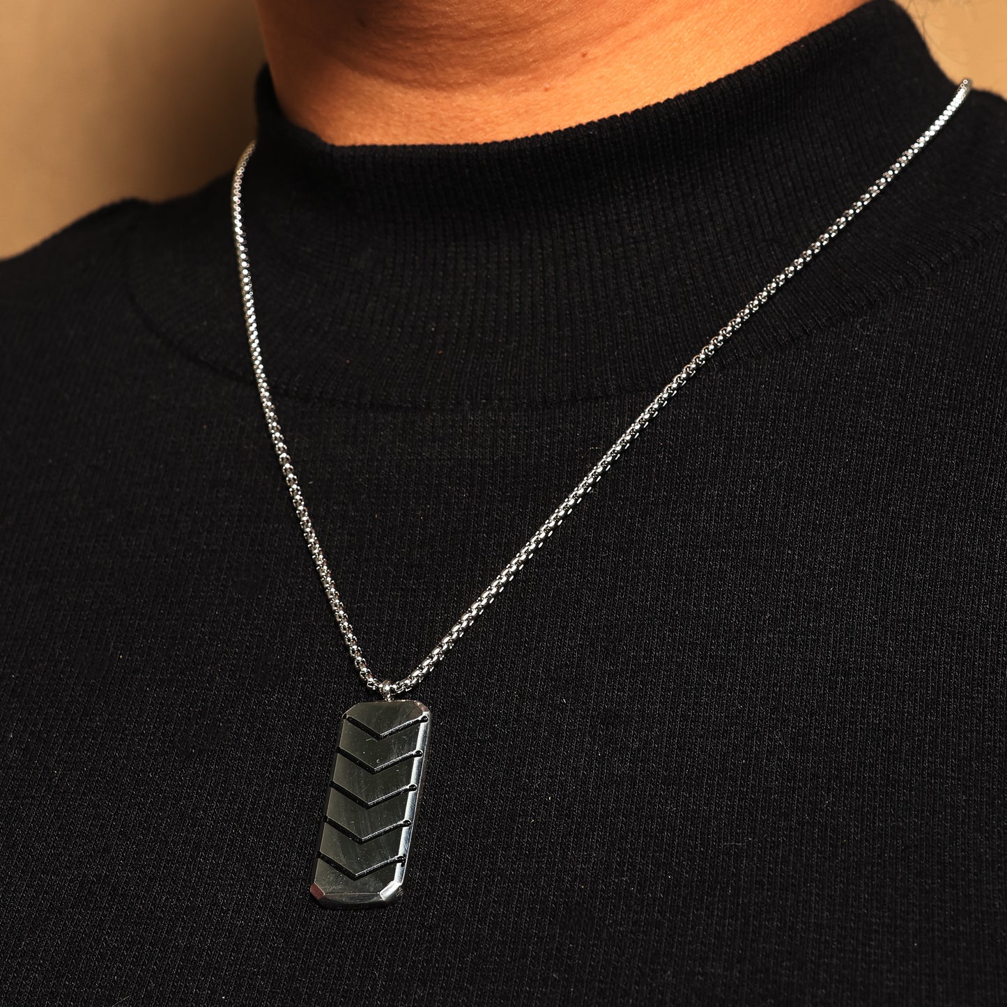 Chevron Bar Pendant Necklace, Plain Metal Design, Unisex Pendant with Universal Chain, Dog Tag Pendant Necklace for Him & Her