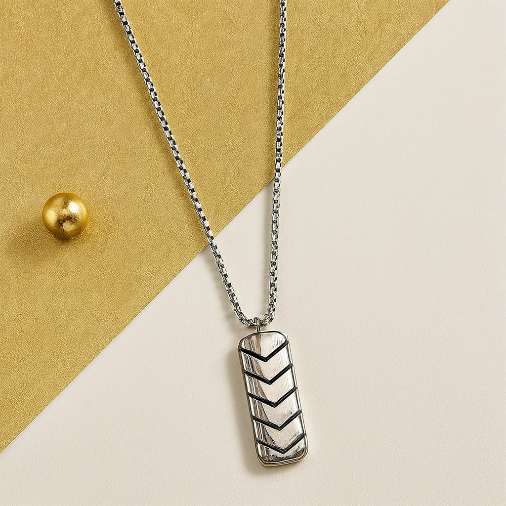 Chevron Bar Pendant Necklace, Plain Metal Design, Unisex Pendant with Universal Chain, Dog Tag Pendant Necklace for Him & Her