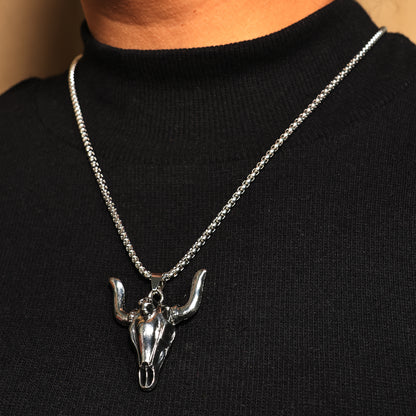 Silver Cow Skull Necklace | Silver Bull Skull Necklace | Bison Skull Necklace | Antique Cattle Skull Charm | Unisex Oxidized Silver Necklace