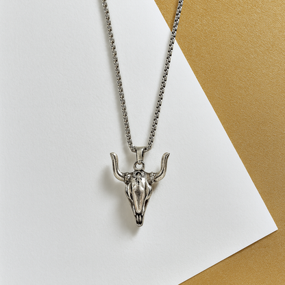 Silver Cow Skull Necklace | Silver Bull Skull Necklace | Bison Skull Necklace | Antique Cattle Skull Charm | Unisex Oxidized Silver Necklace