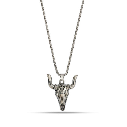 Silver Cow Skull Necklace | Silver Bull Skull Necklace | Bison Skull Necklace | Antique Cattle Skull Charm | Unisex Oxidized Silver Necklace