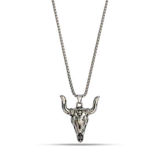 Silver Cow Skull Necklace | Silver Bull Skull Necklace | Bison Skull Necklace | Antique Cattle Skull Charm | Unisex Oxidized Silver Necklace