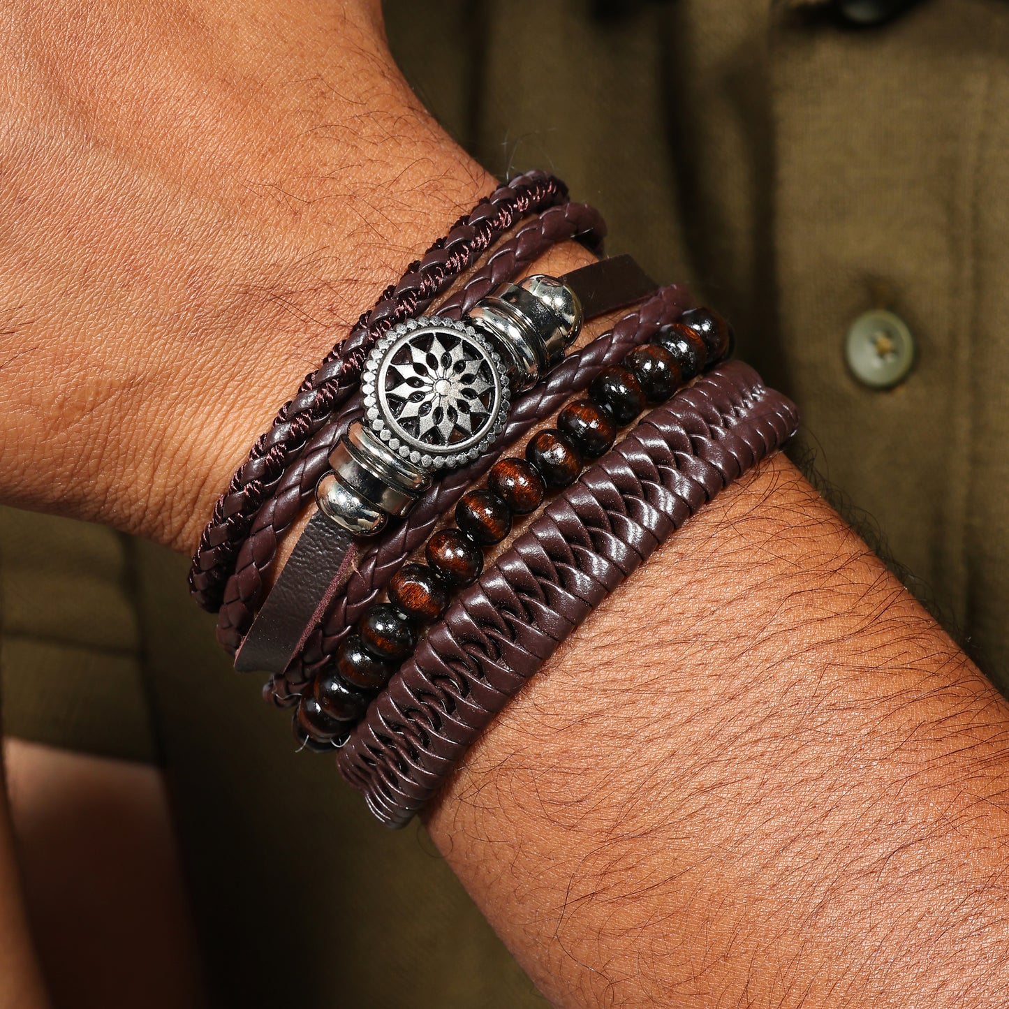 Men’s Brown Multi-Layer Leather Bracelet | Beaded Wrap Bracelet for Men | Vintage Brown Bracelet | Boho Layered Bracelet | Gift for Him