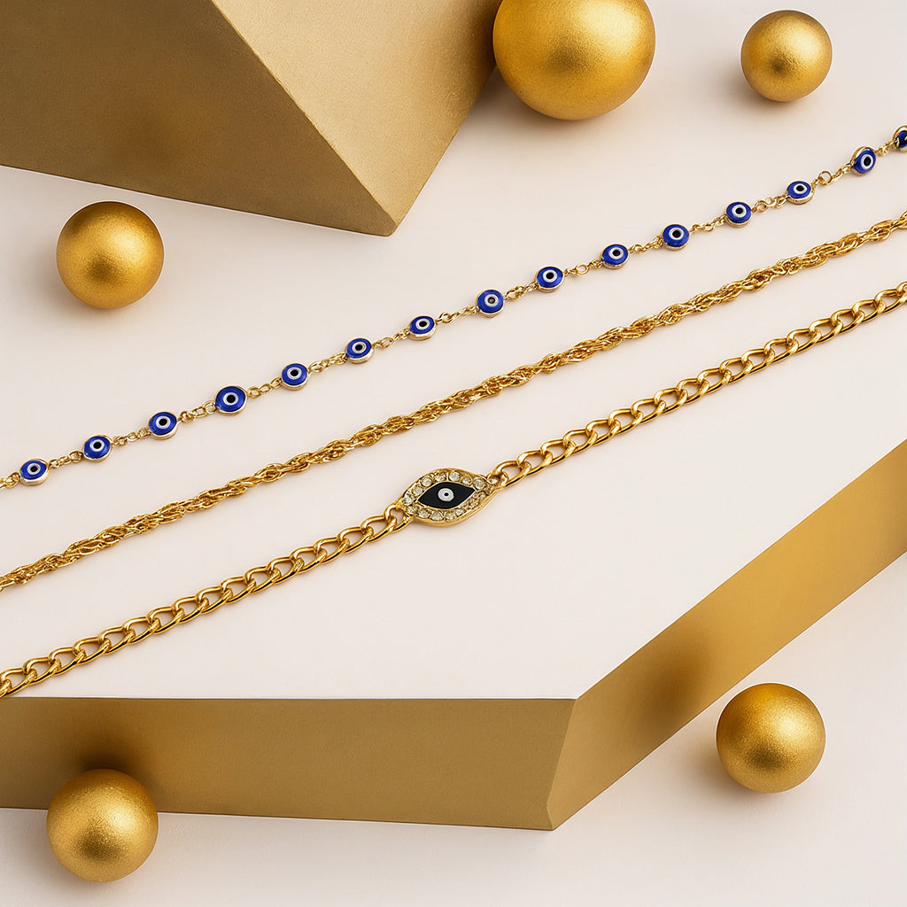 Layerd Evil Eye Necklace Set, 3 Layer Protection Pendant, 18 Inch choker necklace, Layer Necklace for Women, Evil Eye Protection Charm