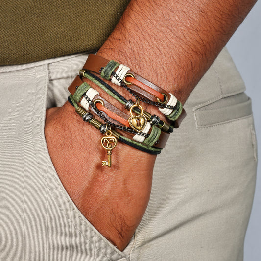 Men’s Multi-Layer Leather Bracelet | Key & Lock Charm Bracelet | Boho Wrap Bracelet | Vintage Style Bracelet for Men | Gift for Him