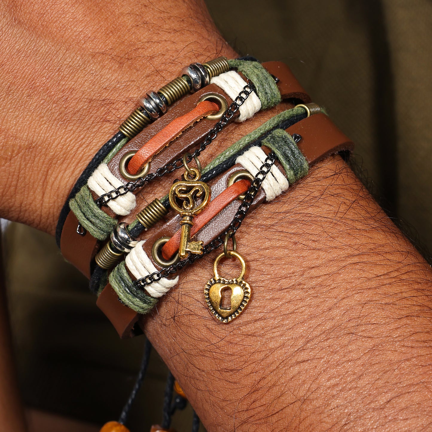 Men’s Multi-Layer Leather Bracelet | Key & Lock Charm Bracelet | Boho Wrap Bracelet | Vintage Style Bracelet for Men | Gift for Him