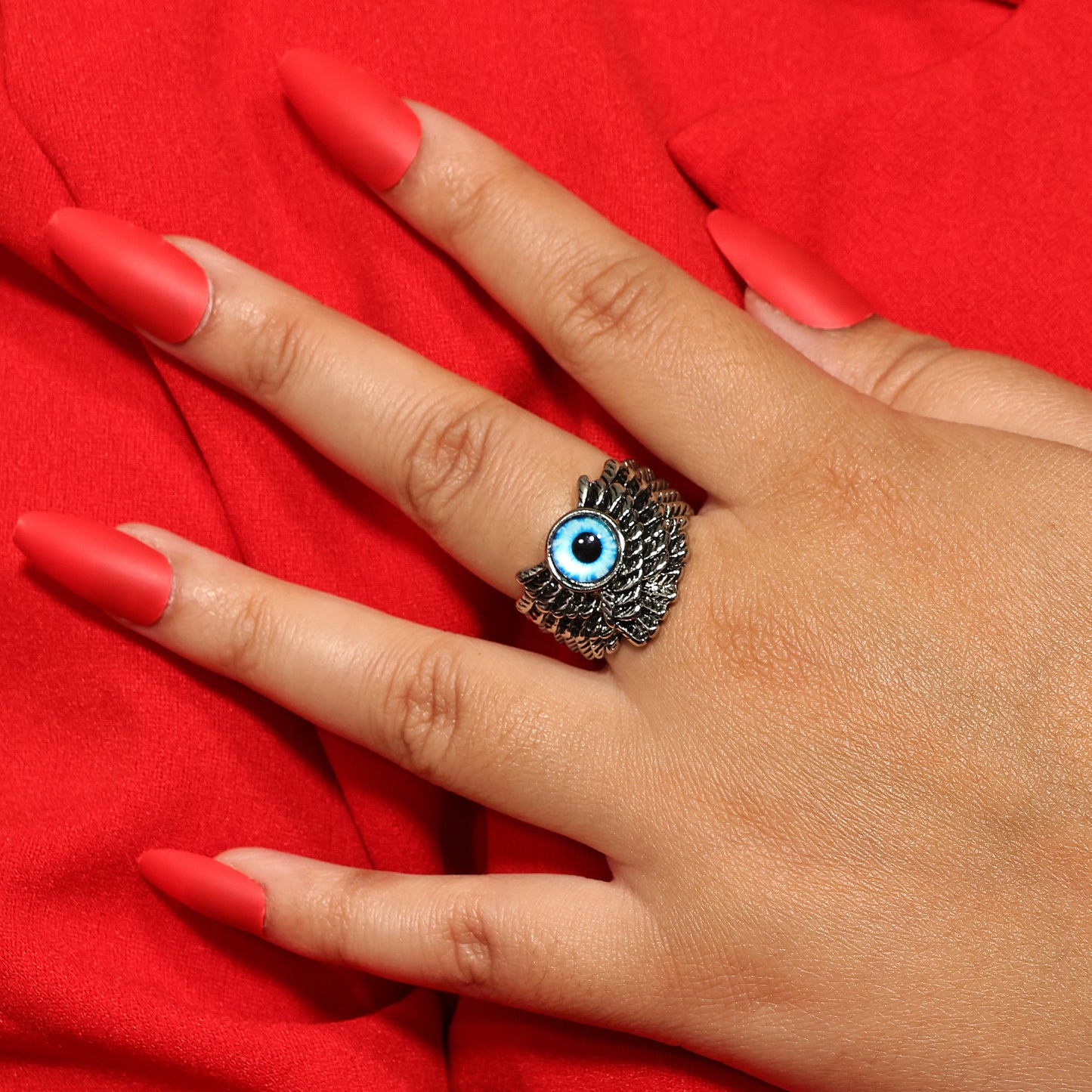 Evil Eye Feather Ring, Gothic Statement Ring, Adjustable Handmade Unisex Punk Jewelry, Jewelry for Halloween, Blue Eye Ring for Him & Her Satish Gupta