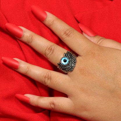 Evil Eye Feather Ring, Gothic Statement Ring, Adjustable Handmade Unisex Punk Jewelry, Jewelry for Halloween, Blue Eye Ring for Him & Her Satish Gupta