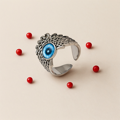 Evil Eye Feather Ring, Gothic Statement Ring, Adjustable Handmade Unisex Punk Jewelry, Jewelry for Halloween, Blue Eye Ring for Him & Her Satish Gupta