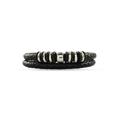 Men's Black Leather Bracelet - 7 Inch Magnetic Clasp Bracelet - Braided Leather Wristband - Bracelet for Bikers - Unisex Jewelry Gift