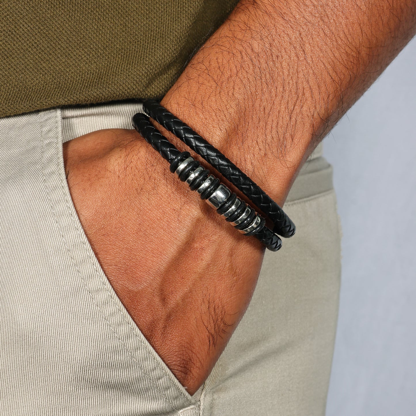 Men's Black Leather Bracelet - 7 Inch Magnetic Clasp Bracelet - Braided Leather Wristband - Bracelet for Bikers - Unisex Jewelry Gift