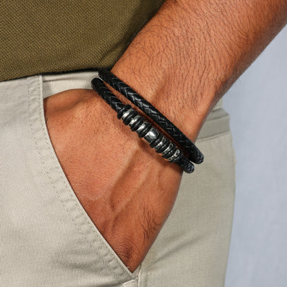 Men's Black Leather Bracelet - 7 Inch Magnetic Clasp Bracelet - Braided Leather Wristband - Bracelet for Bikers - Unisex Jewelry Gift